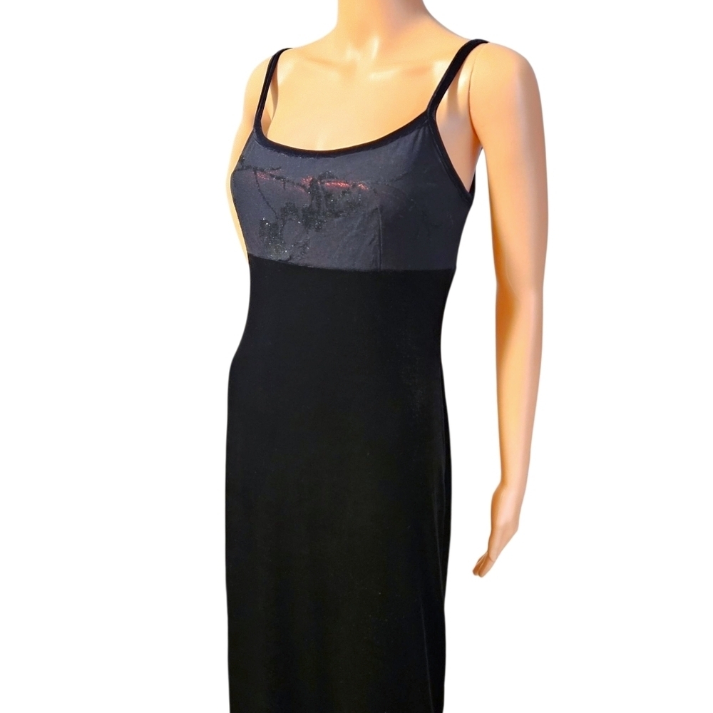 VTG 579 Black Velvet Evening Gown Sz 1 Floral Shimmer Bodice Slit Whimsigoth 90s - Picture 4 of 15
